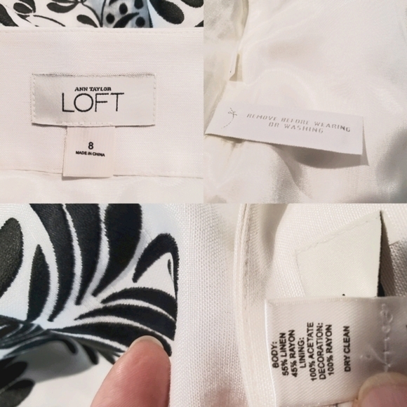 Loft White Black Embroidered Linen Skirt  Size 8 - Picture 8 of 8